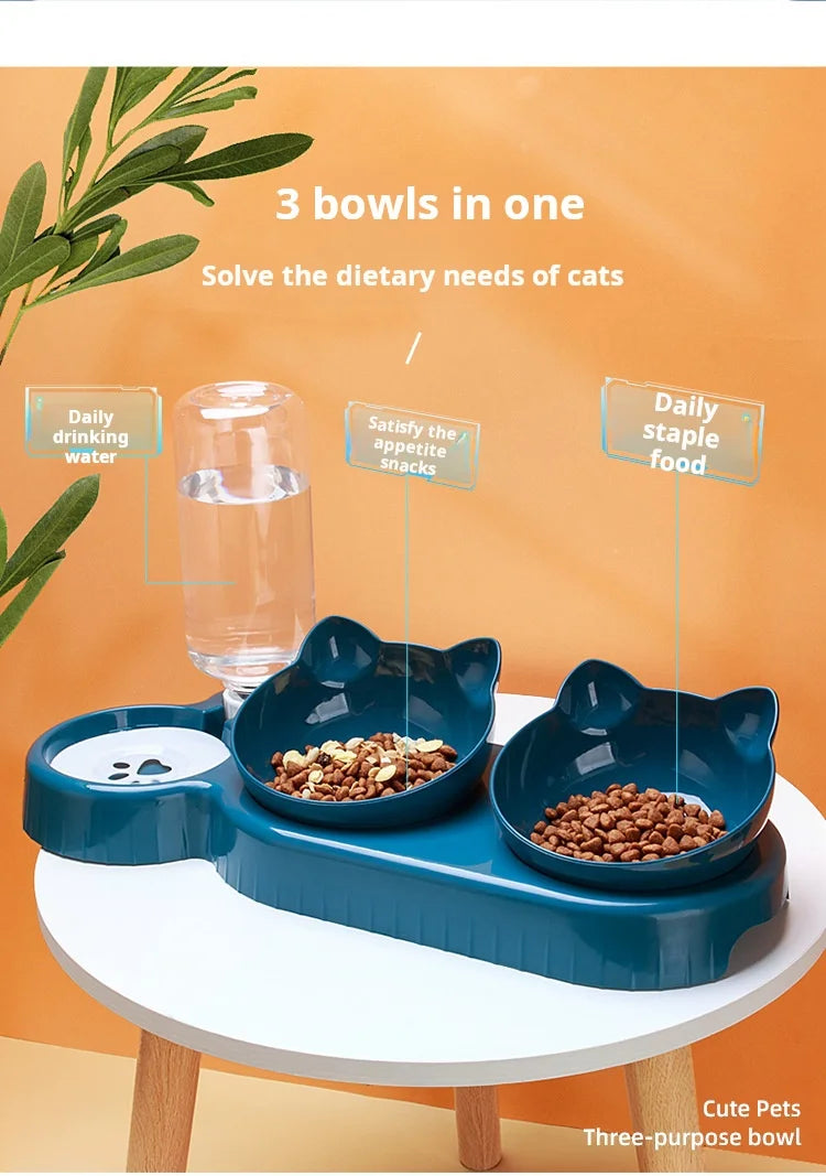 3-in-1 Pet Bowl Set – Tilted Food & Water Bowls with Gravity Water Feeder