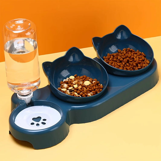 3-in-1 Pet Bowl Set – Tilted Food & Water Bowls with Gravity Water Feeder