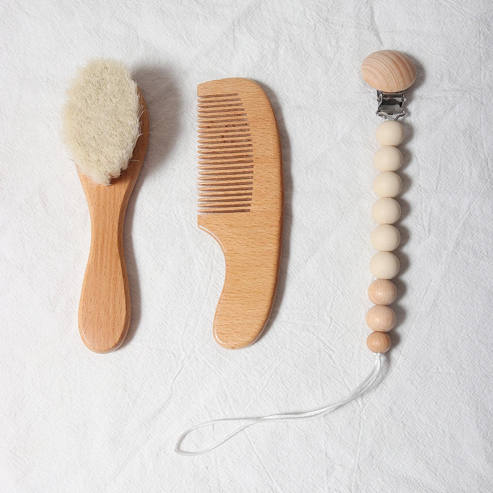 Baby Hair Brush & Comb Set – Natural Wool + Wooden Handle with Pacifier Clip & Bib