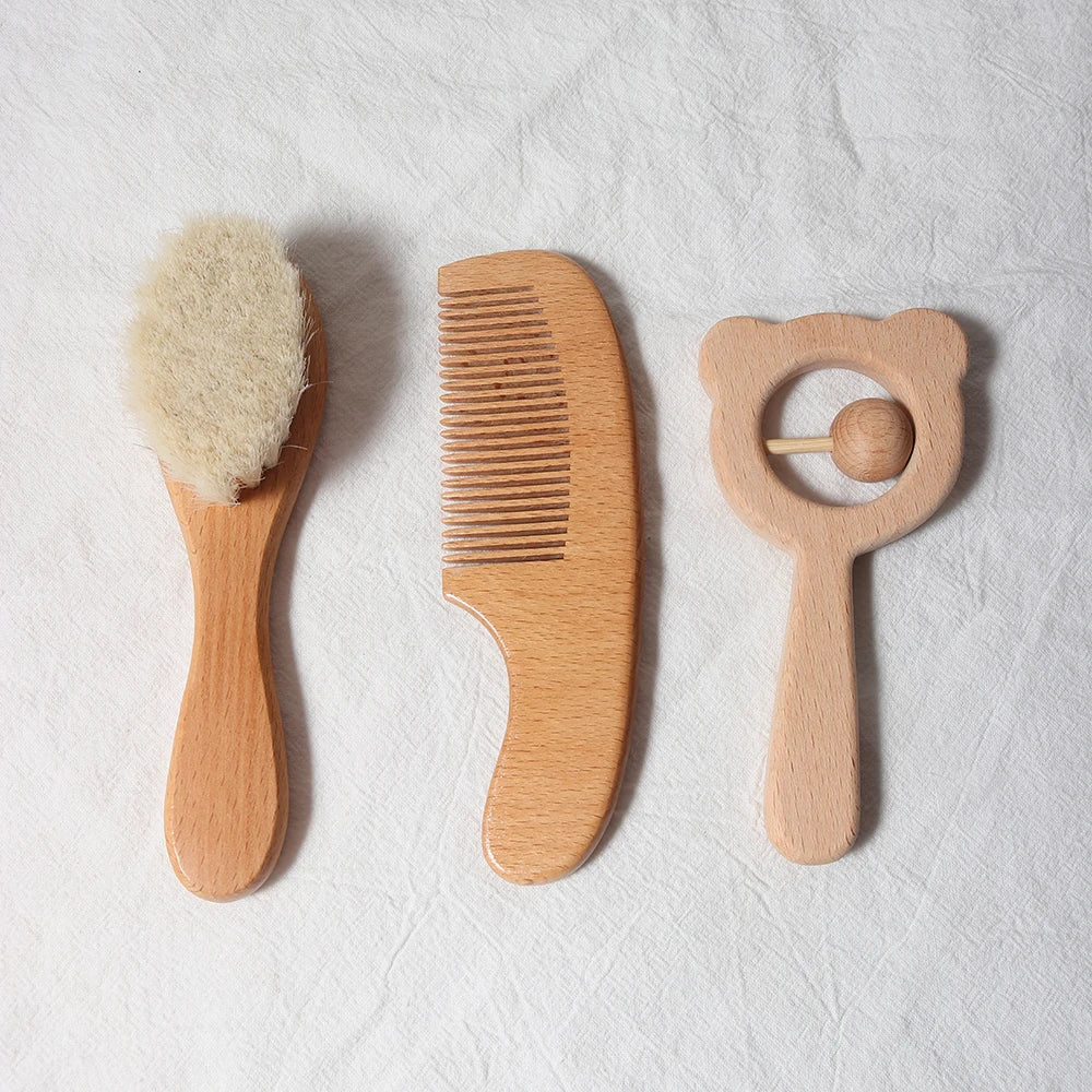 Baby Hair Brush & Comb Set – Natural Wool + Wooden Handle with Pacifier Clip & Bib