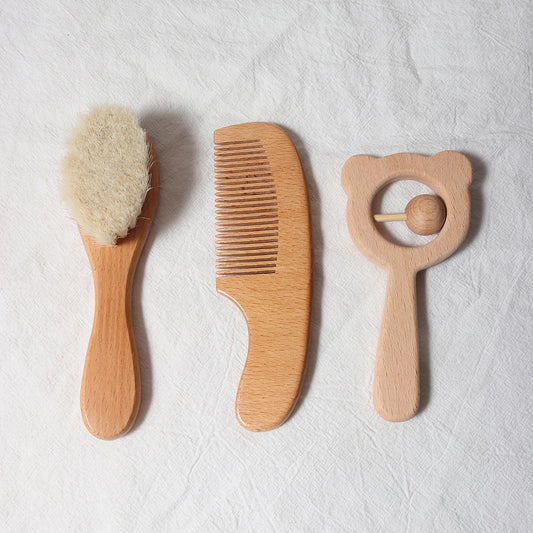 Baby Hair Brush & Comb Set – Natural Wool + Wooden Handle with Pacifier Clip & Bib