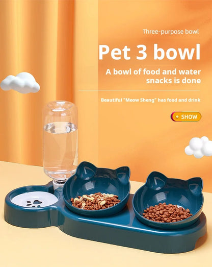 3-in-1 Pet Bowl Set – Tilted Food & Water Bowls with Gravity Water Feeder