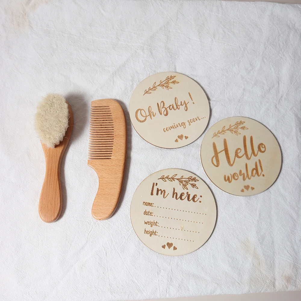 Baby Hair Brush & Comb Set – Natural Wool + Wooden Handle with Pacifier Clip & Bib