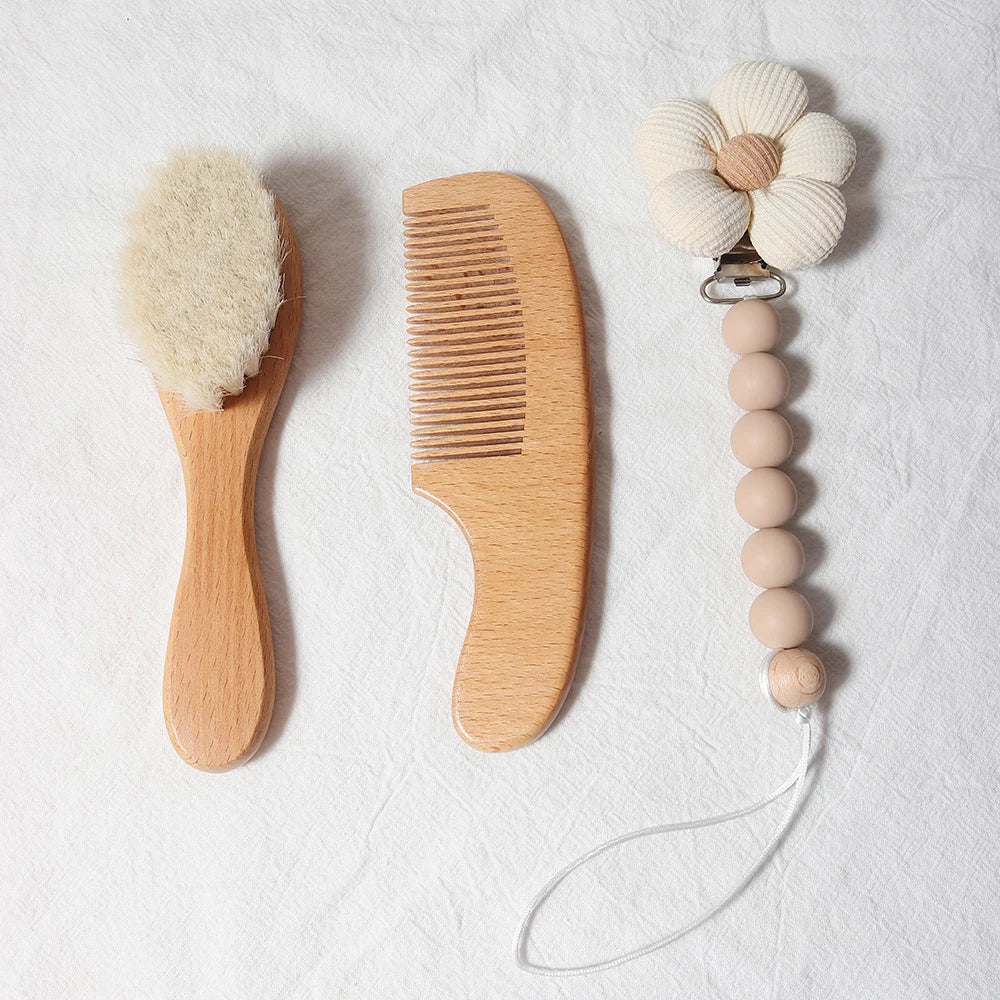 Baby Hair Brush & Comb Set – Natural Wool + Wooden Handle with Pacifier Clip & Bib