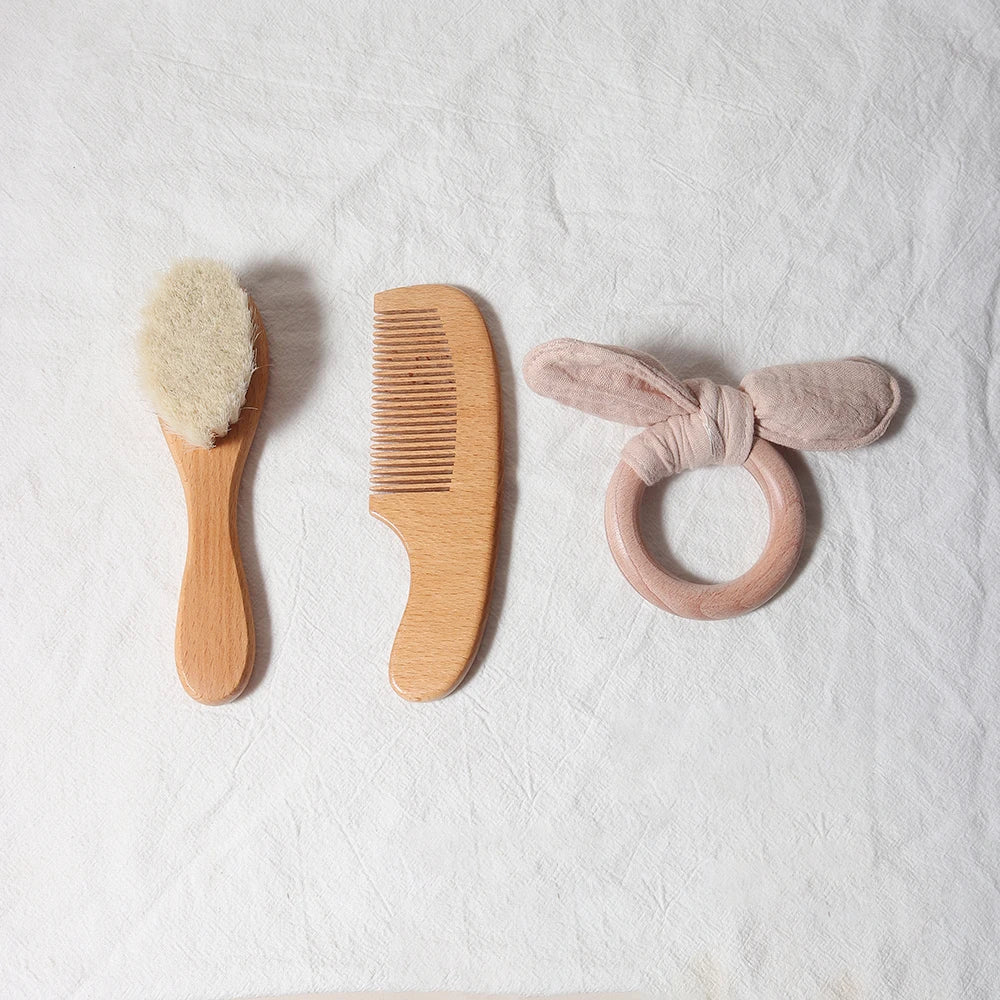 Baby Hair Brush & Comb Set – Natural Wool + Wooden Handle with Pacifier Clip & Bib