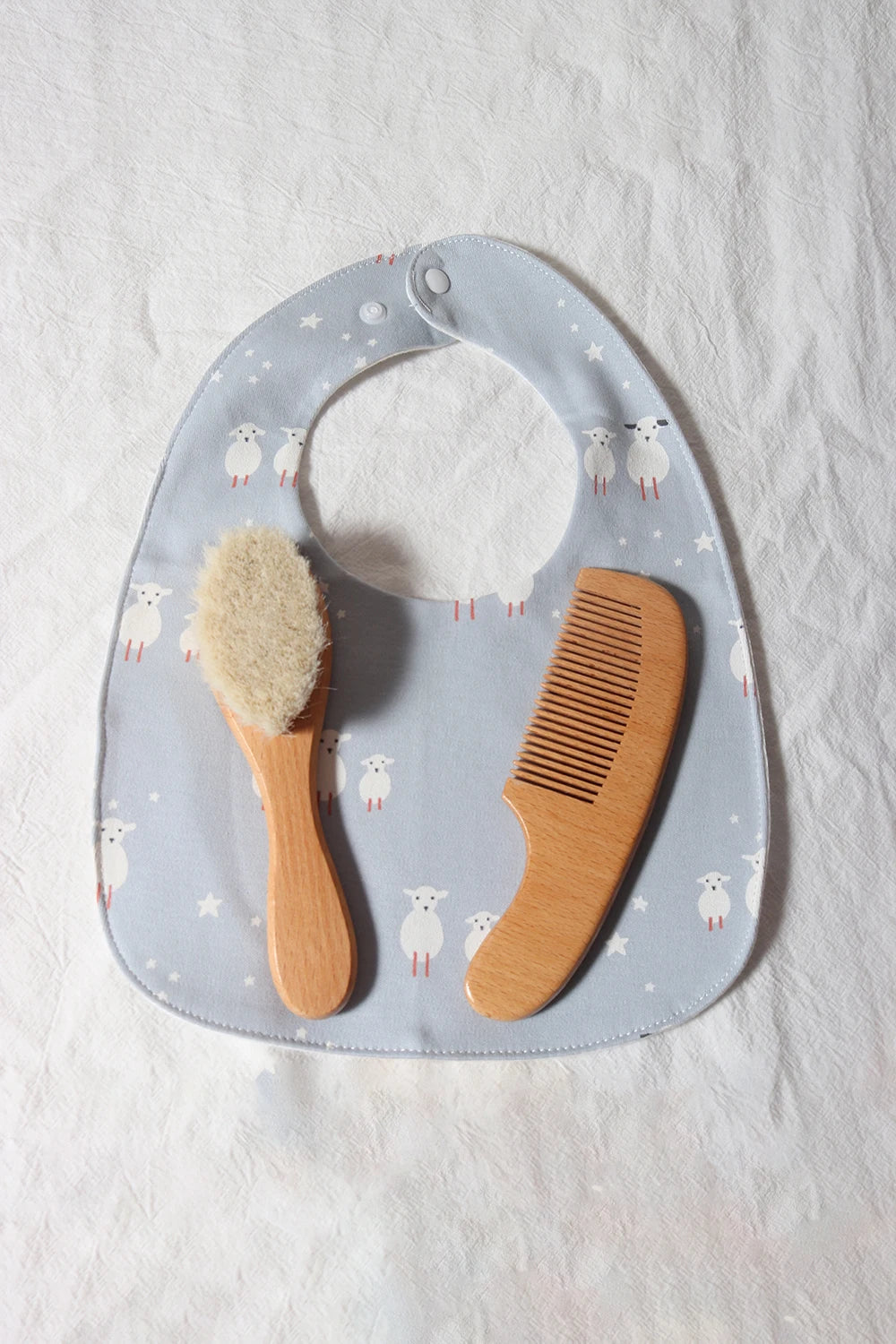 Baby Hair Brush & Comb Set – Natural Wool + Wooden Handle with Pacifier Clip & Bib