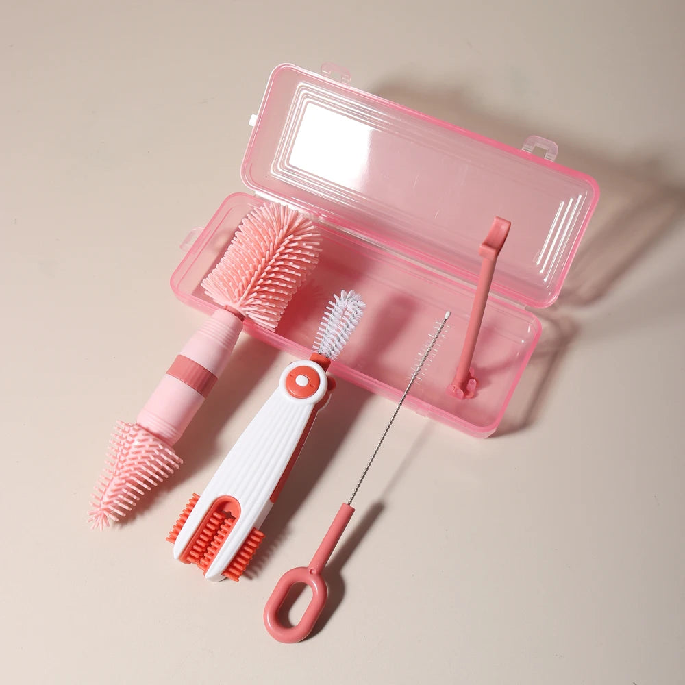 4-in-1 Baby Bottle Cleaning Brush Set – Portable Silicone Brush with Pacifier & Straw Cleaner
