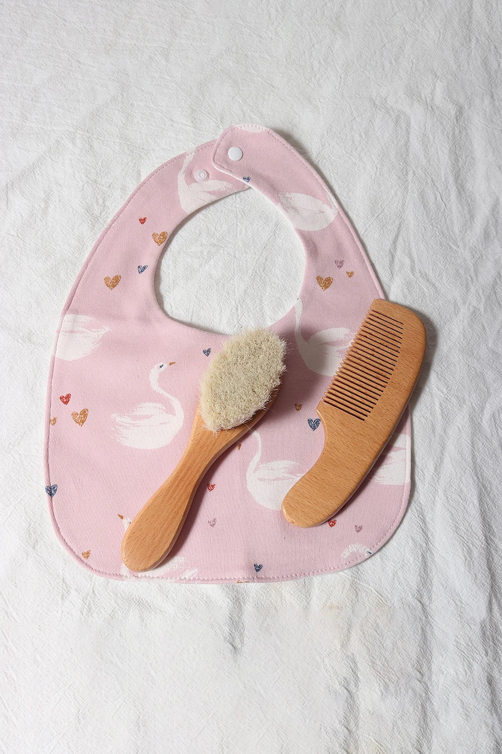 Baby Hair Brush & Comb Set – Natural Wool + Wooden Handle with Pacifier Clip & Bib